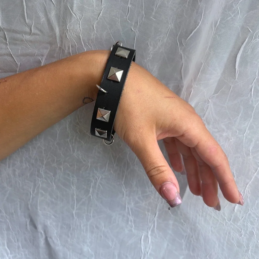 Black Leather Studded Cuff Bracelet Silver Pyramid Studs Hoop Rings Punk Goth